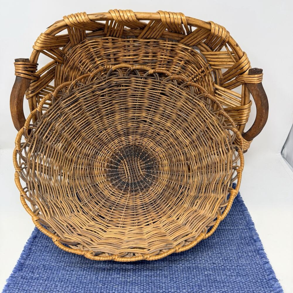 VTG Wicker Basket Double Handles Rustic Farmhouse Decor Serving Bowl Woven PAIR